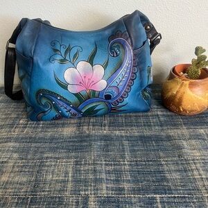 Anuschka Hand-Painted Leather Hobo 🌸🎨 Blue Floral